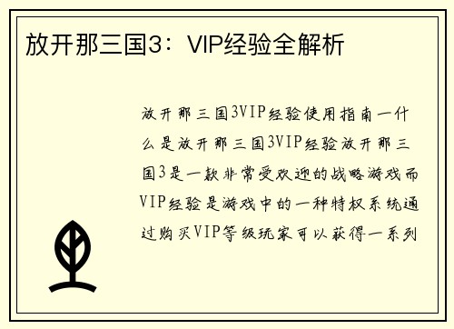 放开那三国3：VIP经验全解析